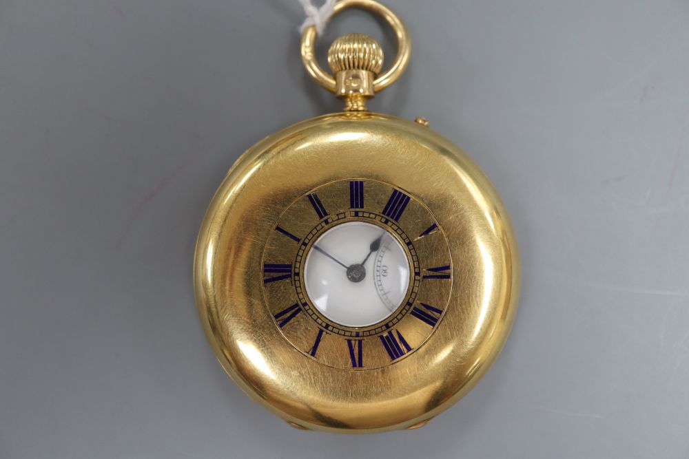 A late Victorian 18ct gold keyless lever half hunter pocket watch, by Jays numbered 1883.